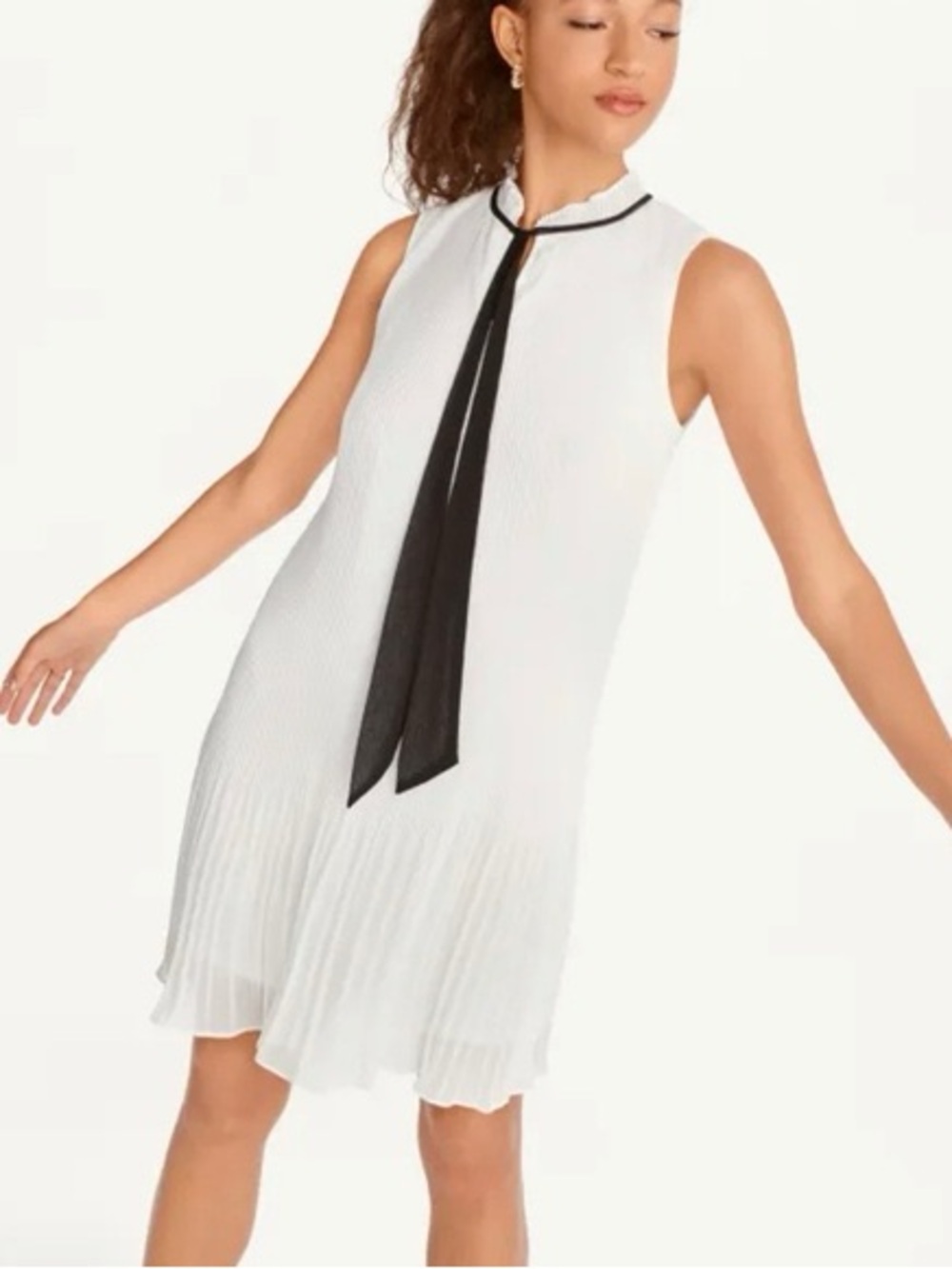 DKNY White Sleeveless Pleated Midi Dress‎ with Black Neck Tie